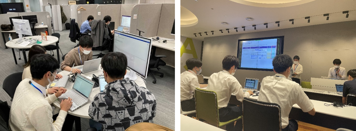 2022年度インターンシップ時のチーム開発の様子(左)最終発表の様子(右)